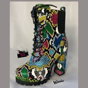 WINNIE - RAINBOW SNAKE LACE UP COMBAT BOOT - RUBBER SOLES WITH ELASTIC INSERTS